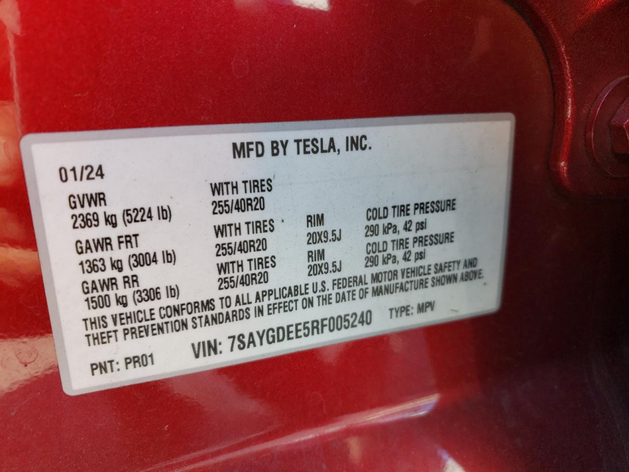 2024 TESLA MODEL Y VIN:7SAYGDEE5RF005240