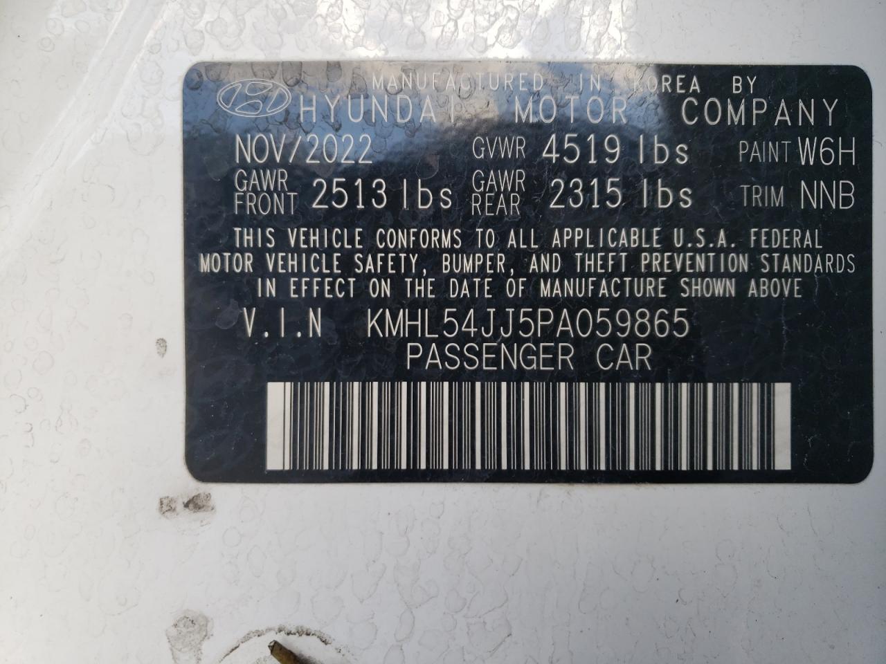2023 HYUNDAI SONATA HYBRID VIN:KMHL54JJ5PA059865