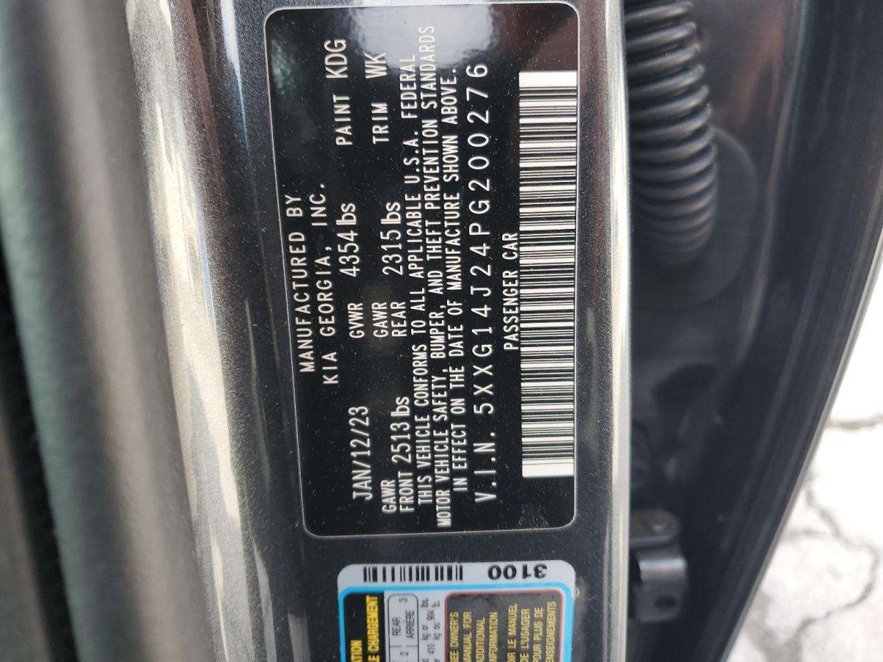 2023 KIA K5 LXS VIN:5XXG14J24PG200276