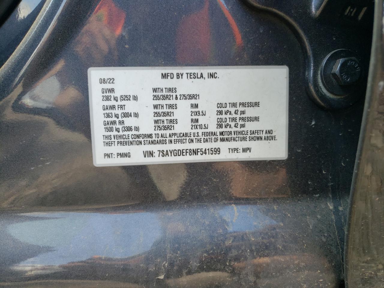 2022 TESLA MODEL Y VIN:7SAYGDEF8NF541599