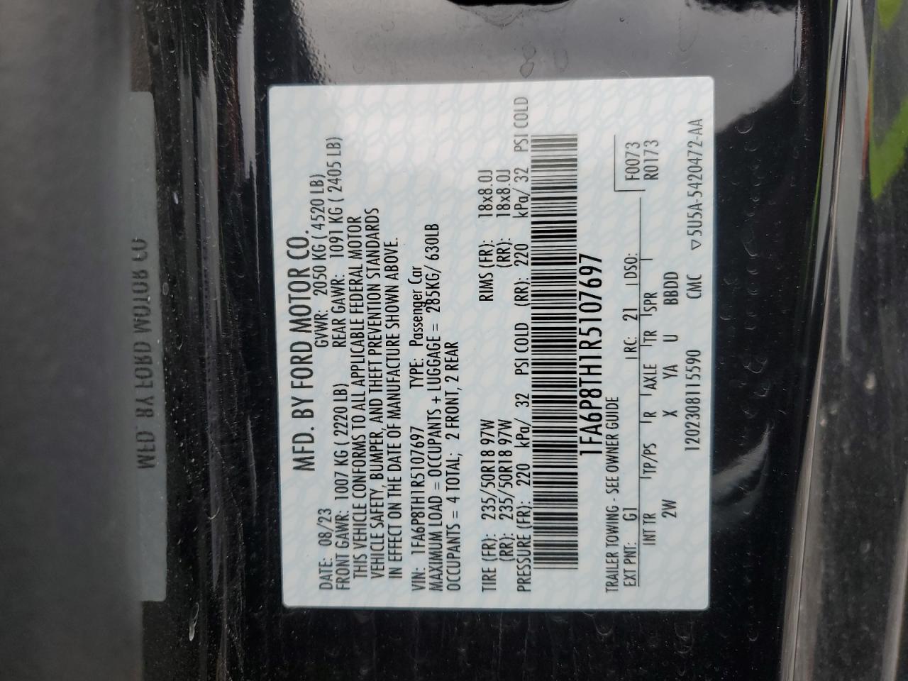 2024 FORD MUSTANG VIN:1FA6P8TH1R5107697