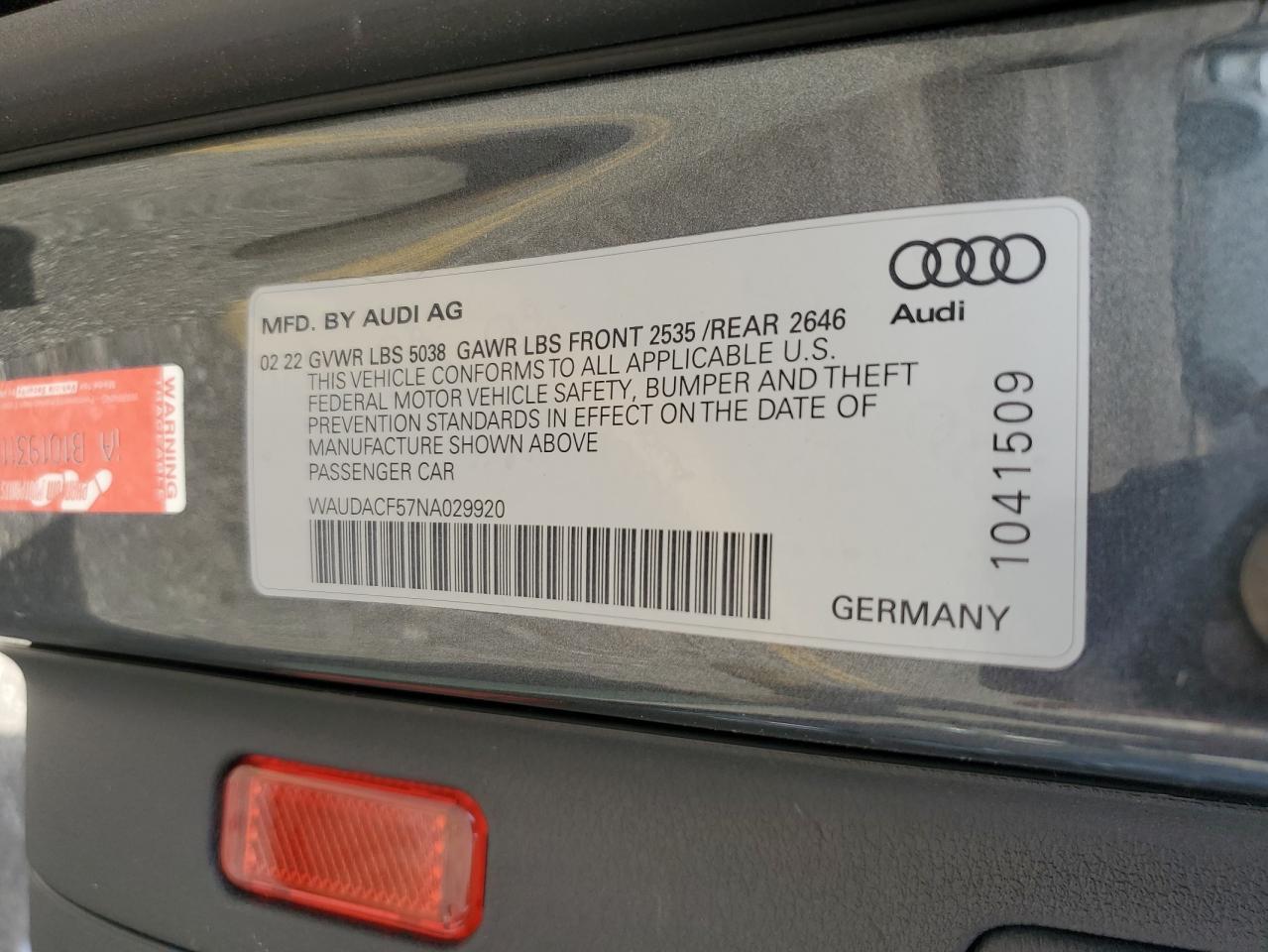 2022 AUDI A5 PREMIUM 45 VIN:WAUDACF57NA029920