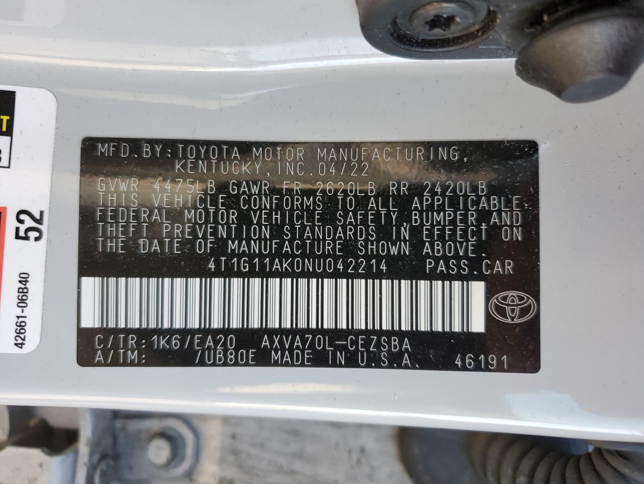 2022 TOYOTA CAMRY SE VIN:4T1G11AK0NU042214