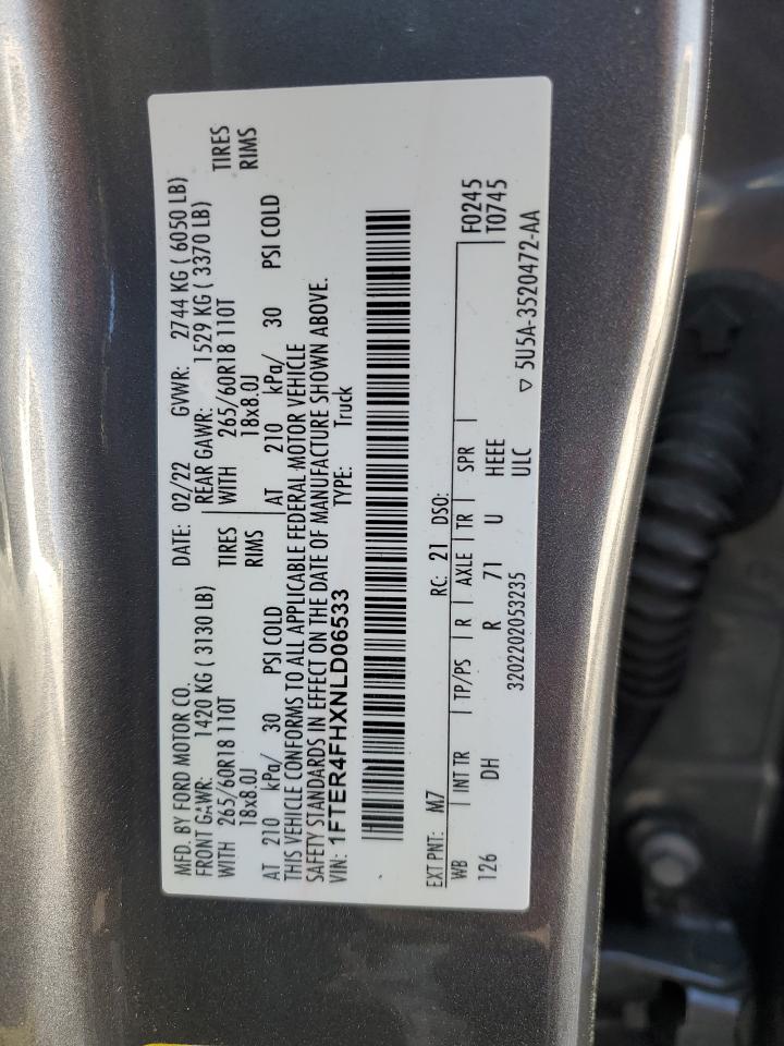 2022 FORD RANGER XL VIN:1FTER4FHXNLD06533
