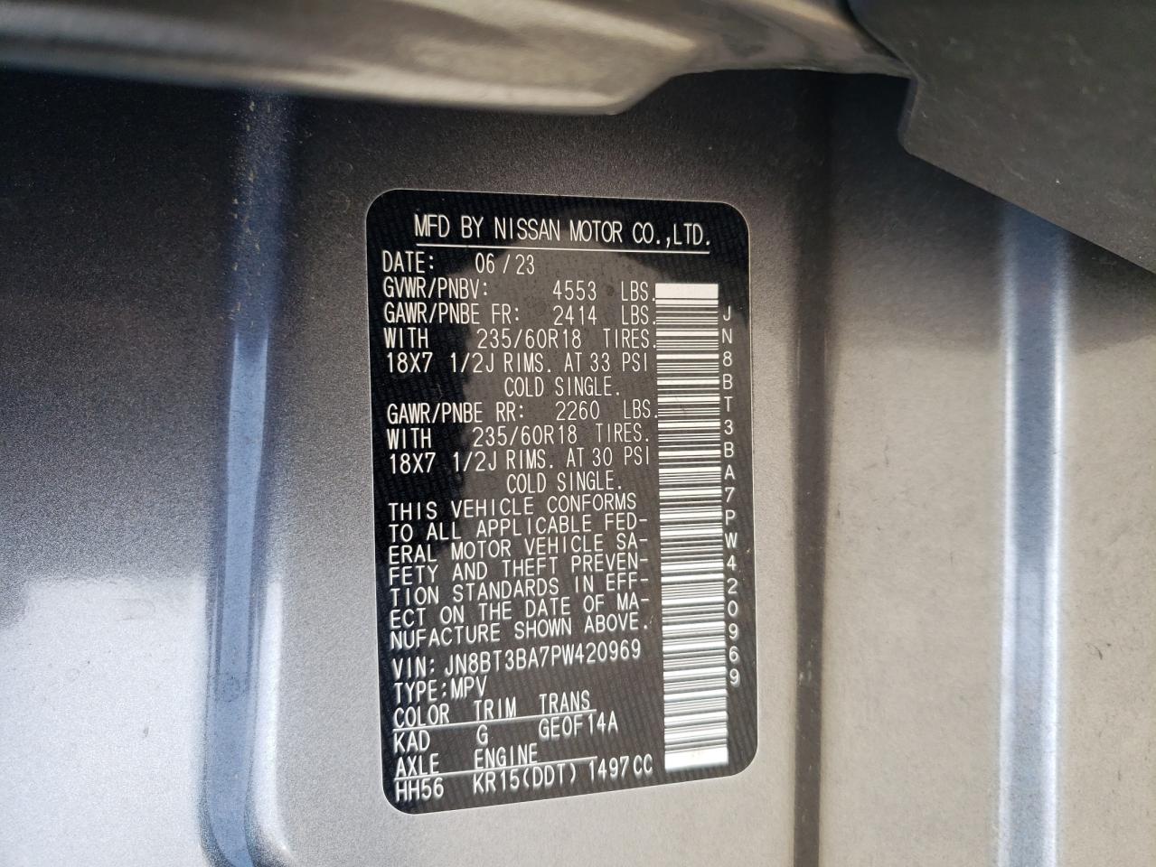 2023 NISSAN ROGUE SV VIN:JN8BT3BA7PW420969