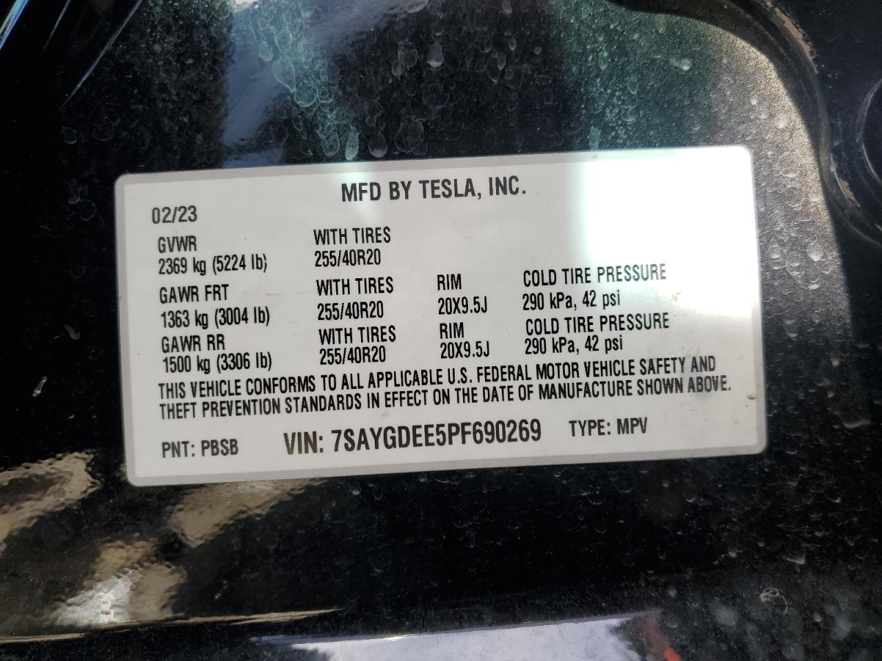 2023 TESLA MODEL Y VIN:7SAYGDEE5PF690269