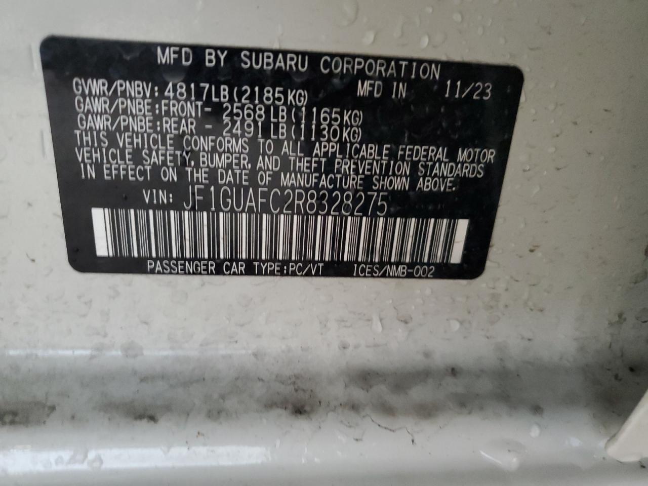 2024 SUBARU IMPREZA SPORT VIN:JF1GUAFC2R8328275