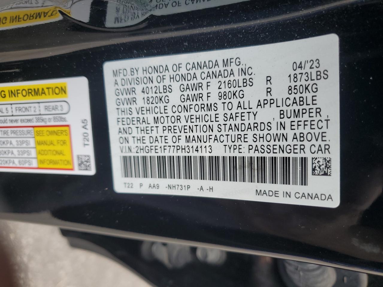 2023 HONDA CIVIC EX VIN:2HGFE1F77PH314113