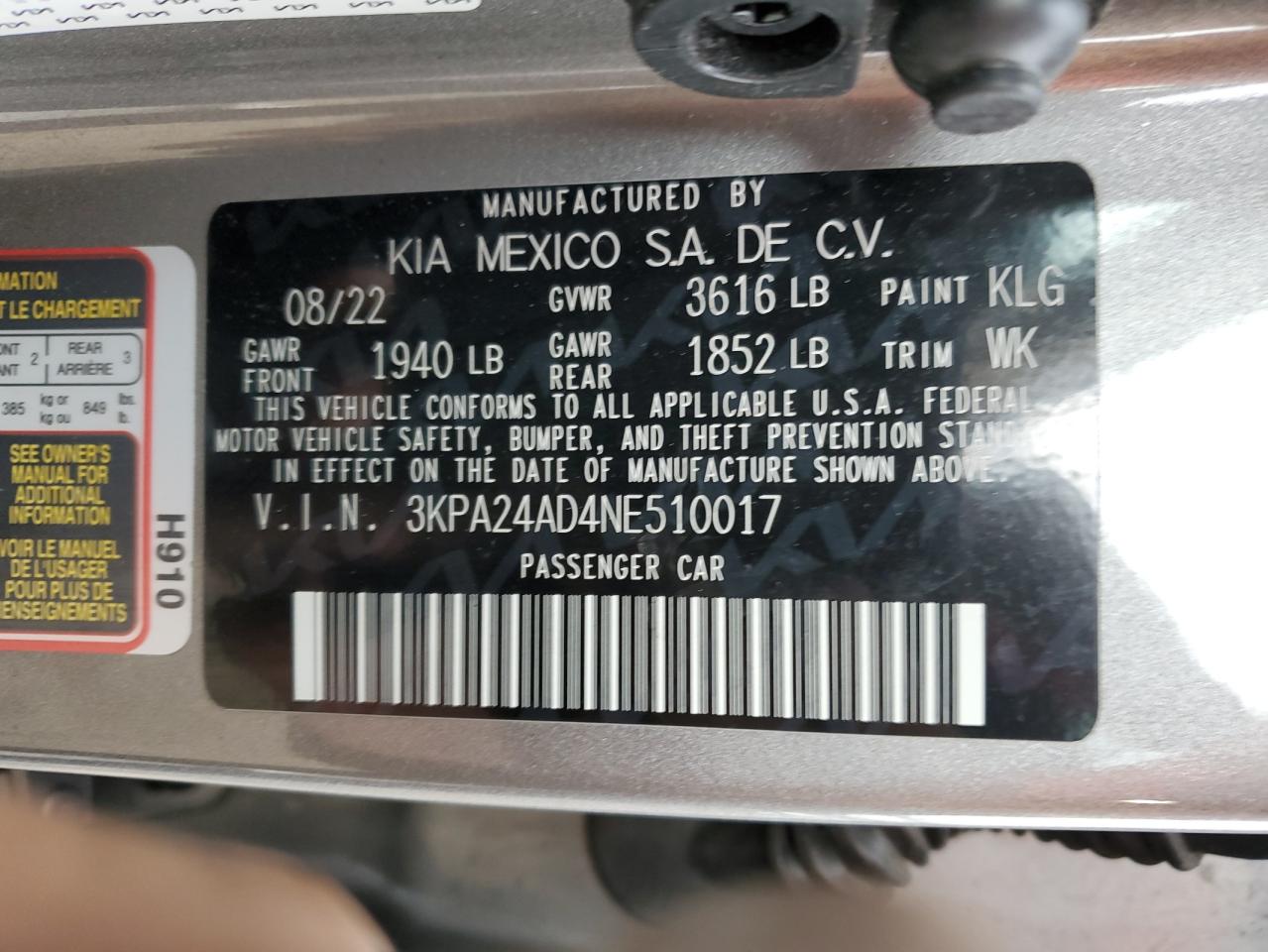2022 KIA RIO LX VIN:3KPA24AD4NE510017