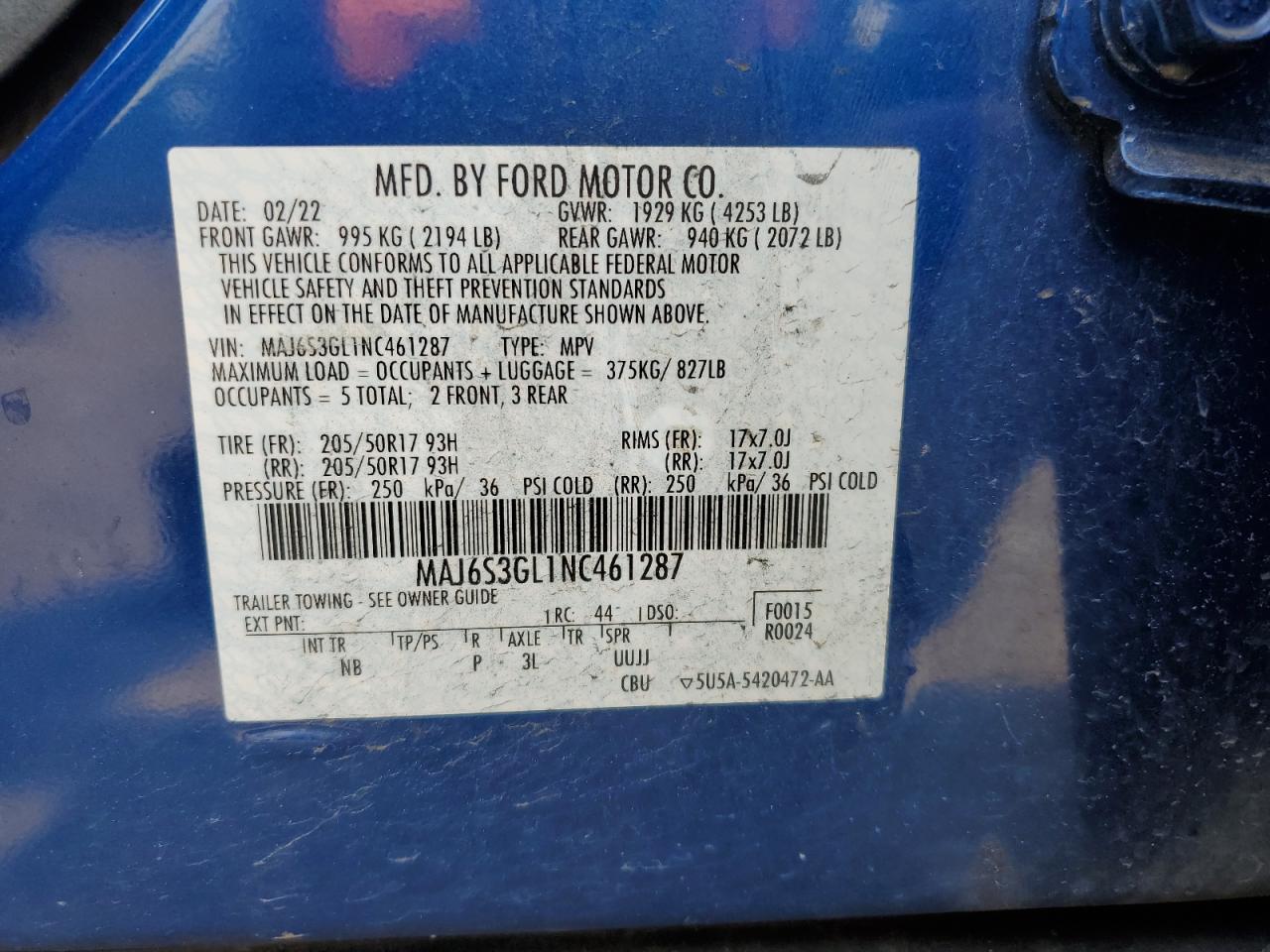 2022 FORD ECOSPORT SE VIN:MAJ6S3GL1NC461287