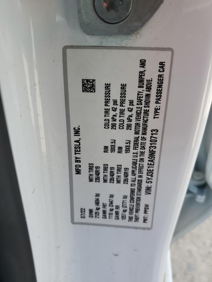2022 TESLA MODEL 3 VIN:5YJ3E1EA9NF310713