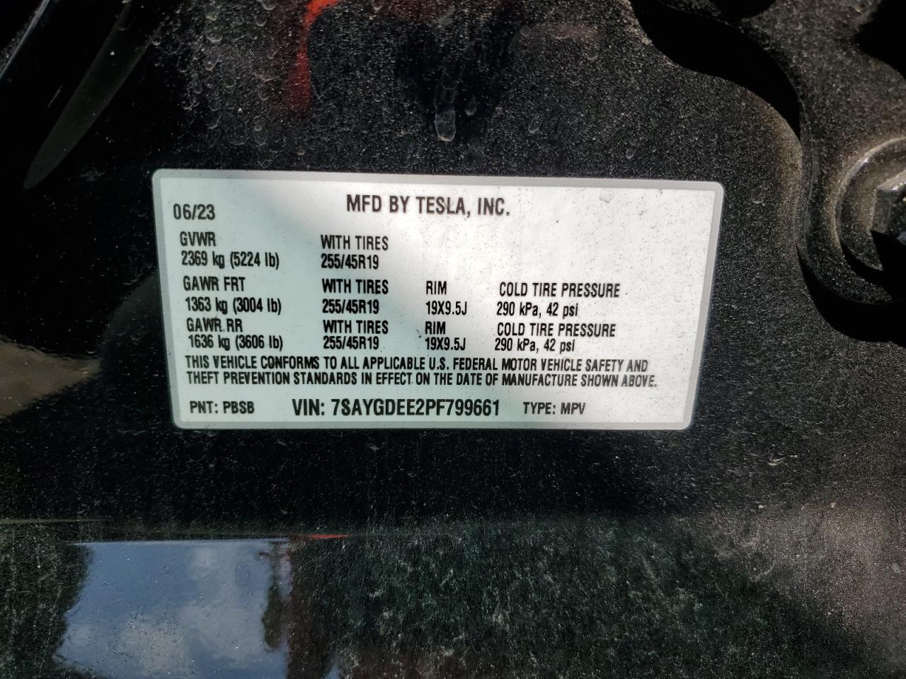 2023 TESLA MODEL Y VIN:7SAYGDEE2PF799661