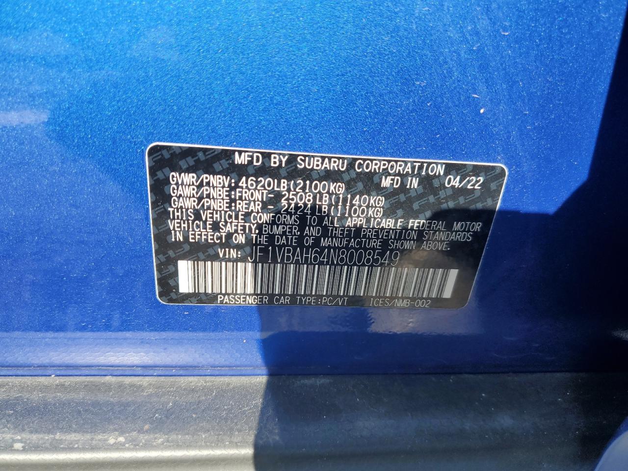 2022 SUBARU WRX PREMIUM VIN:JF1VBAH64N8008549