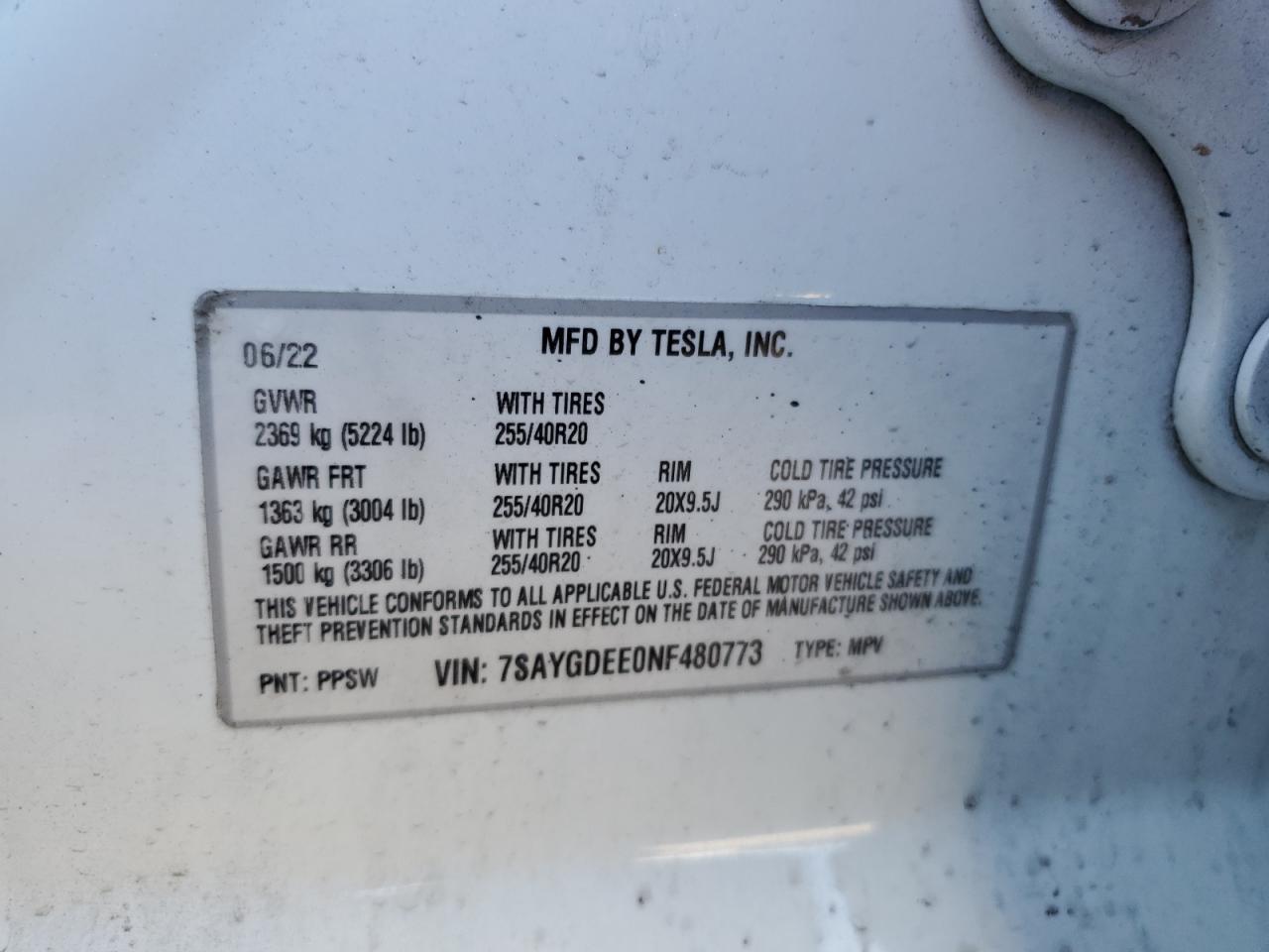 2022 TESLA MODEL Y VIN:7SAYGDEE0NF480773