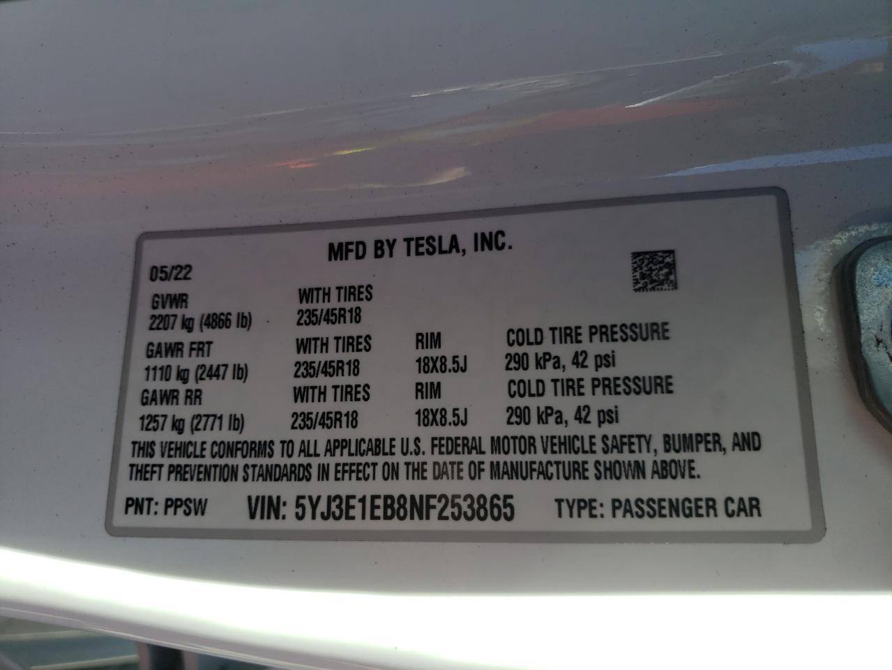 2022 TESLA MODEL 3 VIN:5YJ3E1EB8NF253865