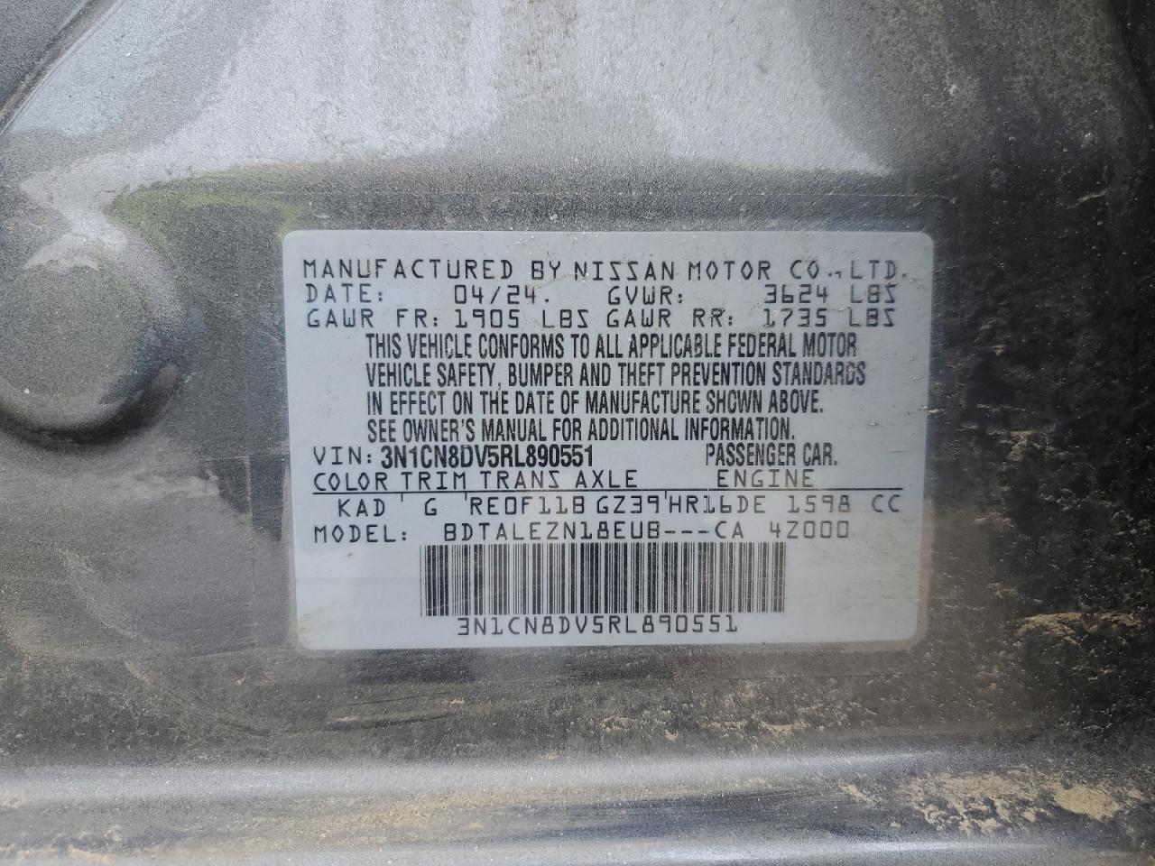 2024 NISSAN VERSA S VIN:3N1CN8DV5RL890551
