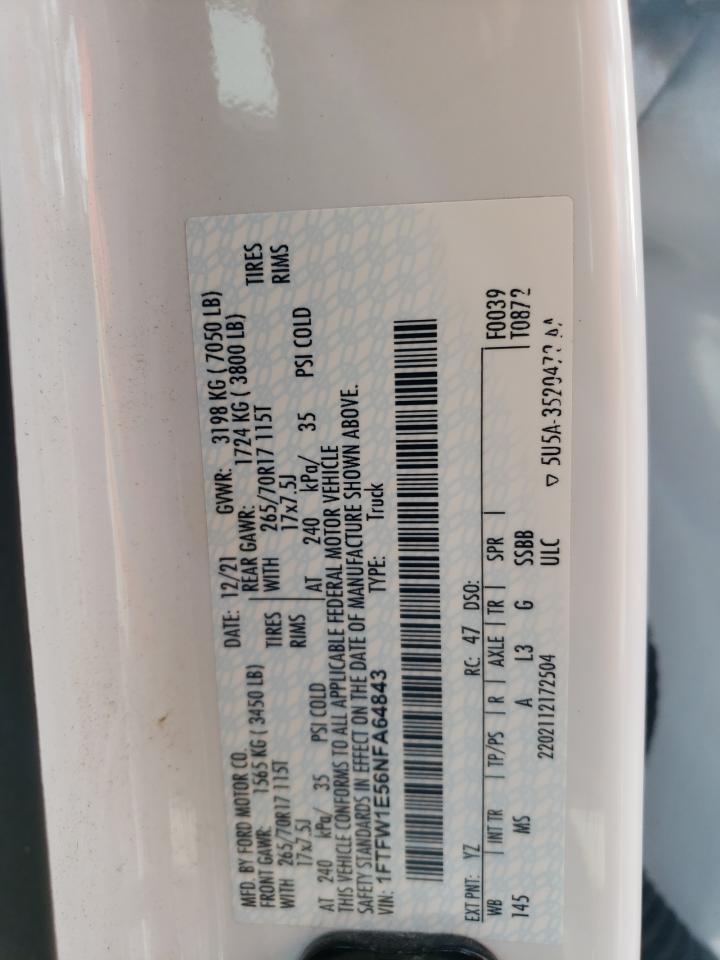 2022 FORD F150 SUPERCREW VIN:1FTFW1E56NFA64843