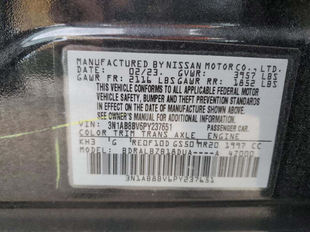 2023 NISSAN SENTRA S VIN:3N1AB8BV6PY237651