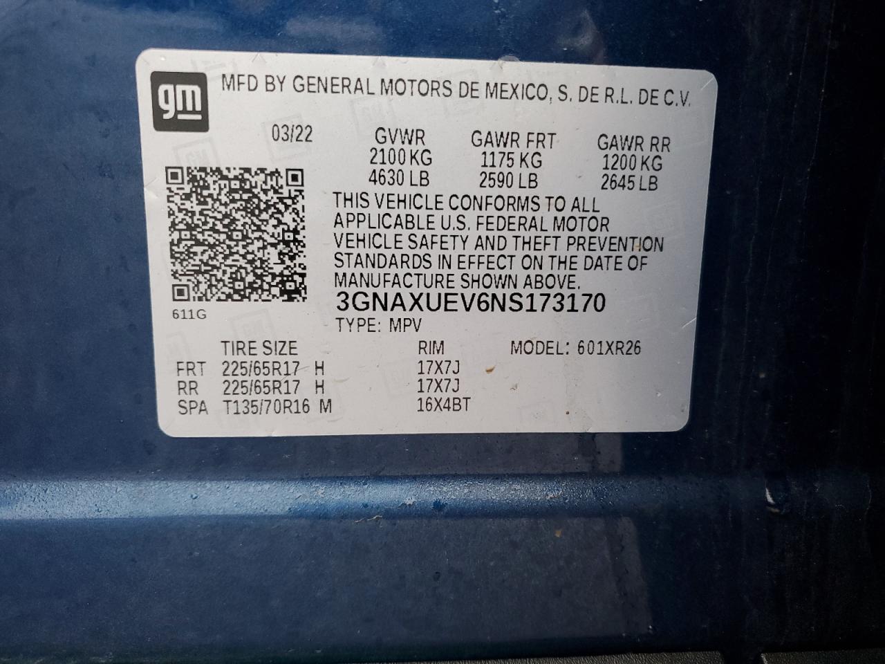 2022 CHEVROLET EQUINOX LT VIN:3GNAXUEV6NS173170