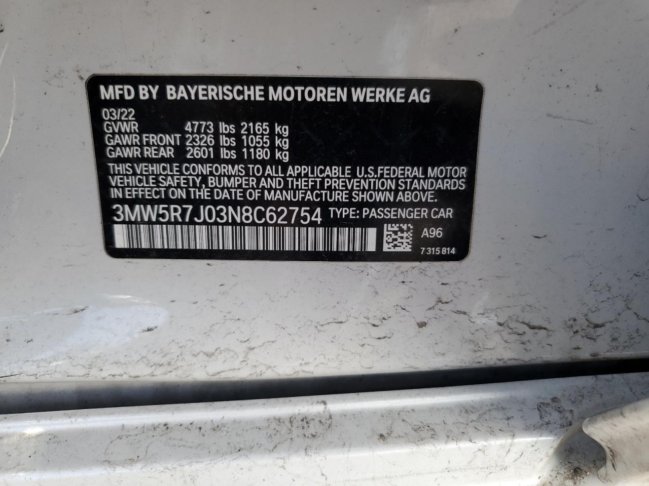 2022 BMW 330XI VIN:3MW5R7J03N8C62754