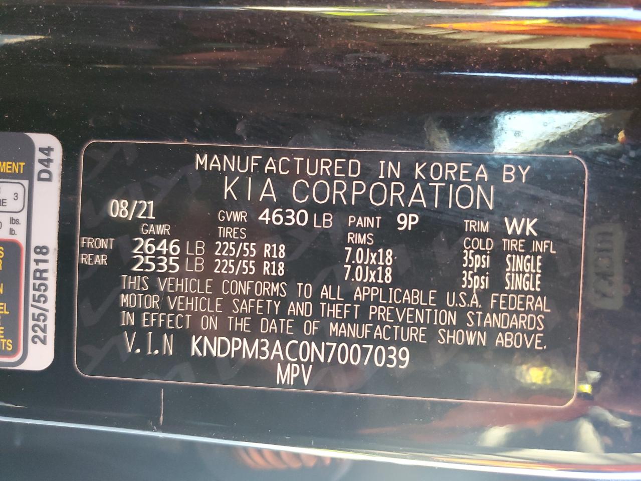 2022 KIA SPORTAGE LX VIN:KNDPM3AC0N7007039