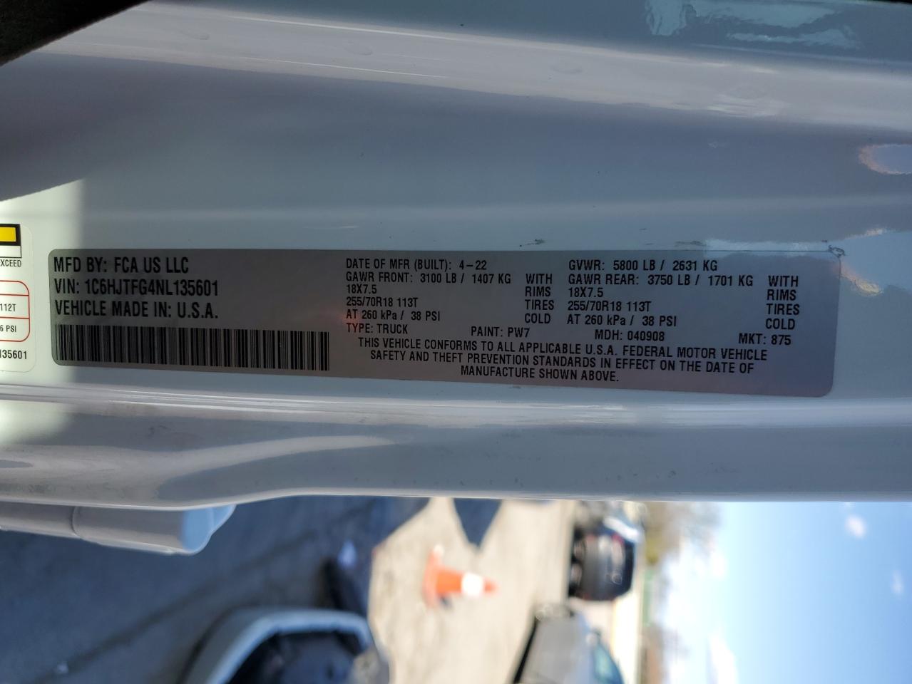 2022 JEEP GLADIATOR OVERLAND VIN:1C6HJTFG4NL135601
