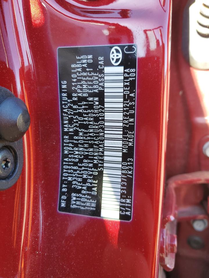 2022 TOYOTA COROLLA LE VIN:5YFEPMAE0NP301027