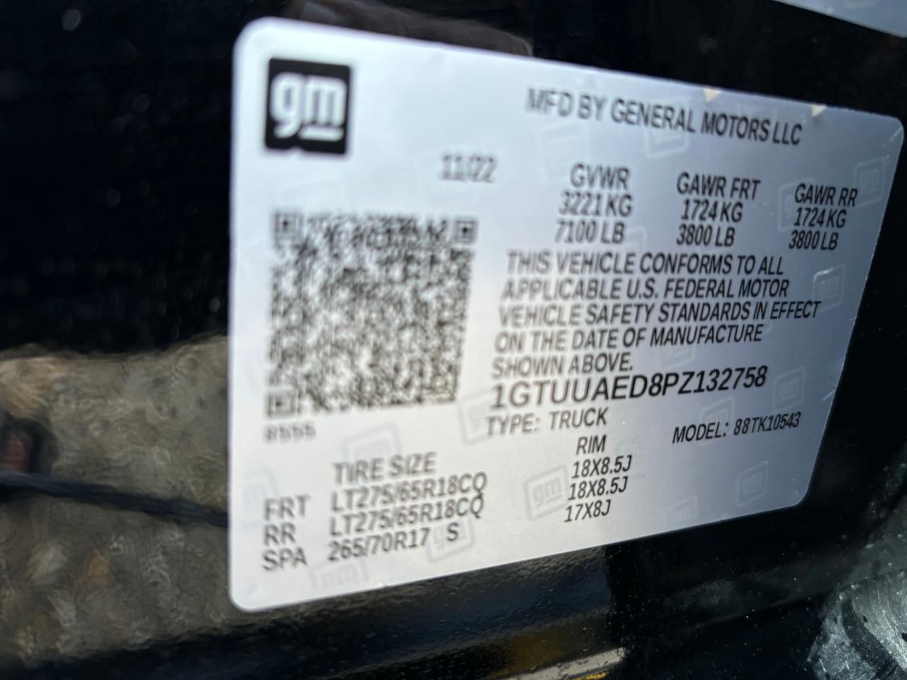 2023 GMC SIERRA K1500 VIN:1GTUUAED8PZ132758