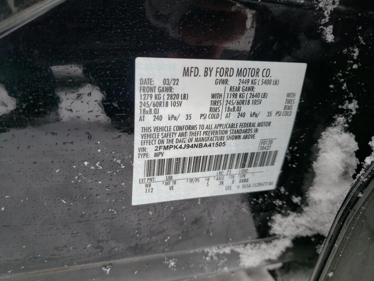 2022 FORD EDGE SEL VIN:2FMPK4J94NBA41505