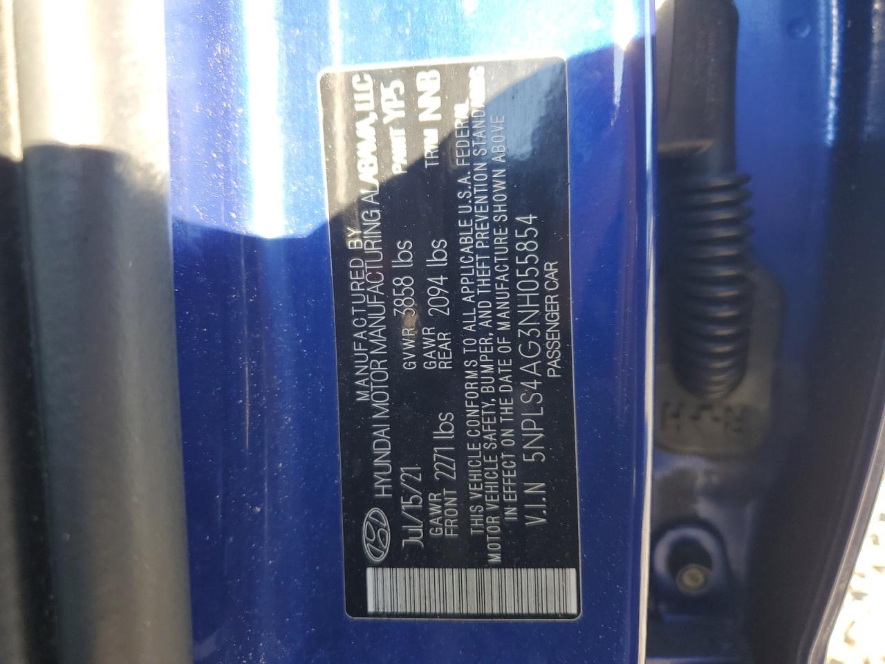 2022 HYUNDAI ELANTRA SEL VIN:5NPLS4AG3NH055854