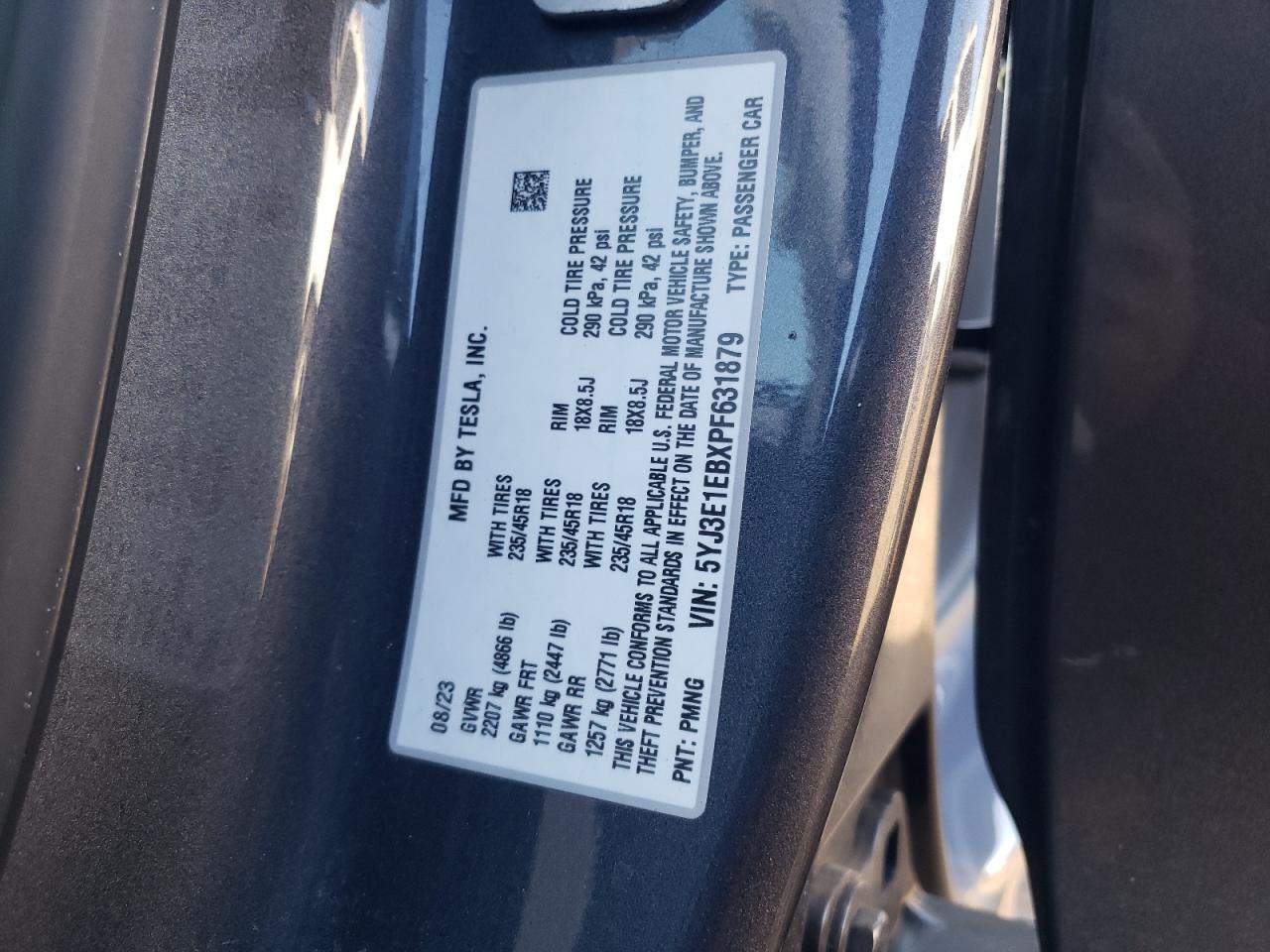 2023 TESLA MODEL 3 VIN:5YJ3E1EBXPF631879