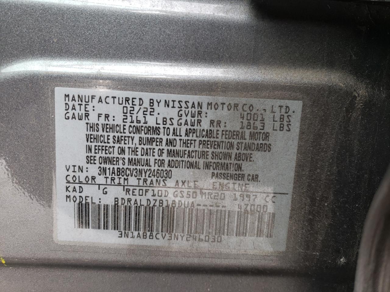 2022 NISSAN SENTRA SV VIN:3N1AB8CV3NY246030