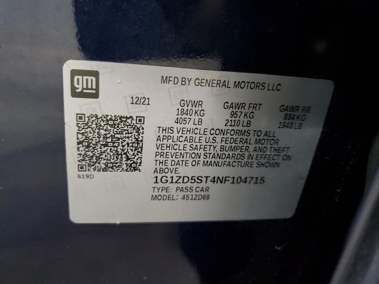 2022 CHEVROLET MALIBU LT VIN:1G1ZD5ST4NF104715