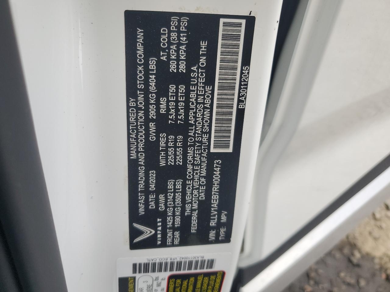 2024 VINFAST TRADING AND PRODUCTION LLC VF 8 ECO VIN:RLLV1AEB7RH004473