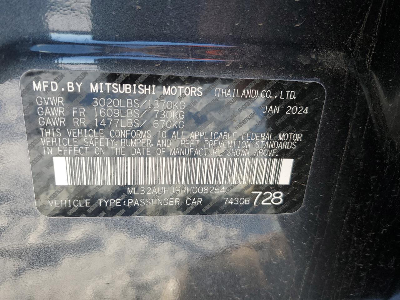 2024 MITSUBISHI MIRAGE ES VIN:ML32AUHJ9RH008254