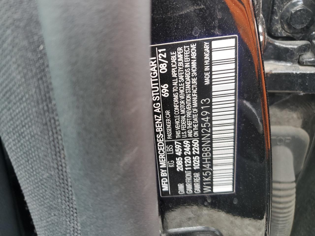 2022 MERCEDES-BENZ CLA 250 4MATIC VIN:W1K5J4HB8NN254913