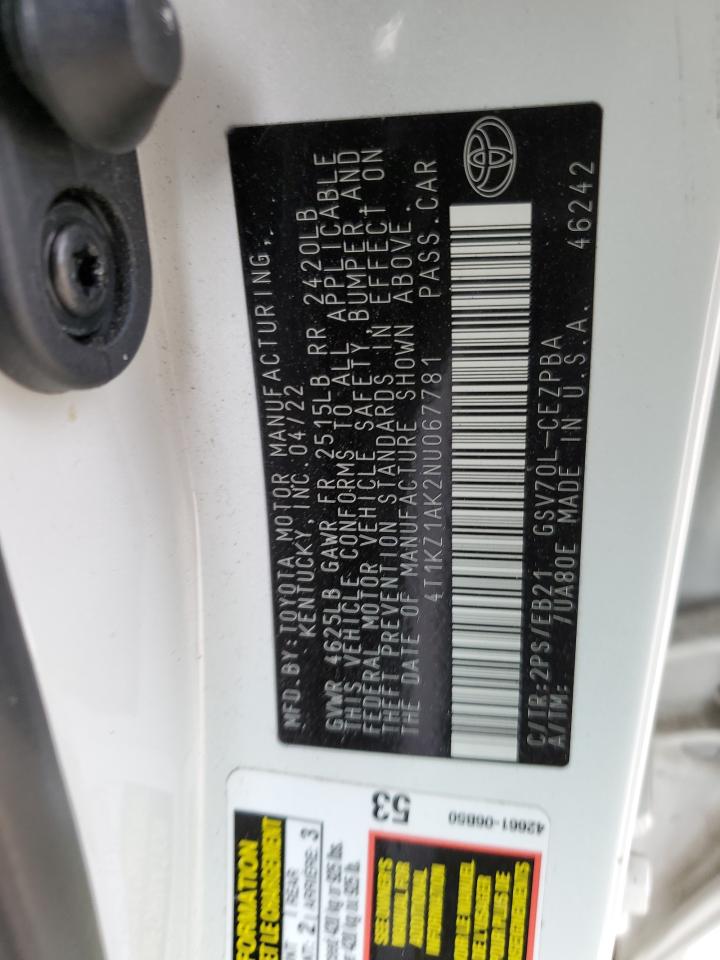 2022 TOYOTA CAMRY TRD VIN:4T1KZ1AK2NU067781