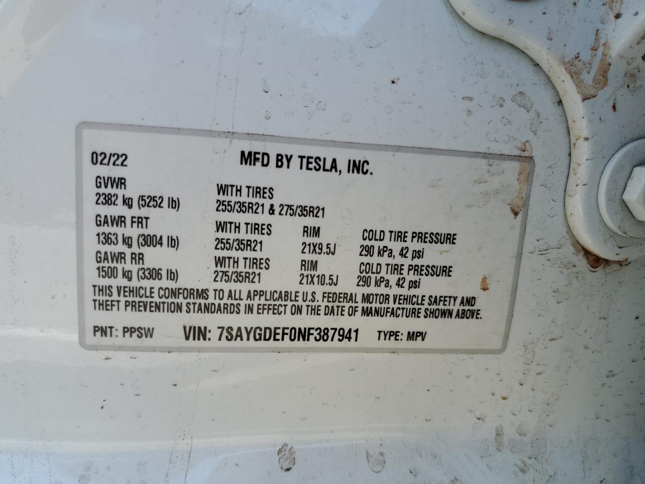 2022 TESLA MODEL Y VIN:WP0AA2A8XNS255297