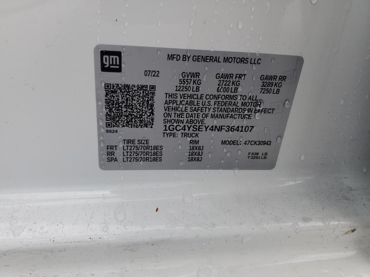 2022 CHEVROLET SILVERADO K3500 VIN:1GC4YSEY4NF364107