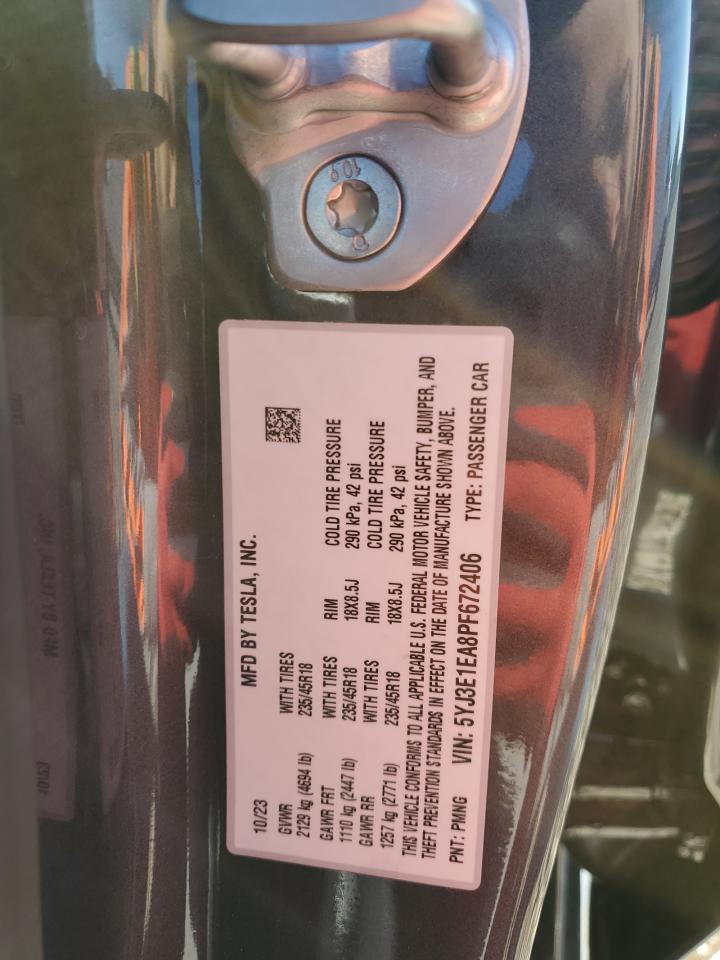 2023 TESLA MODEL 3 VIN:5YJ3E1EA8PF672406