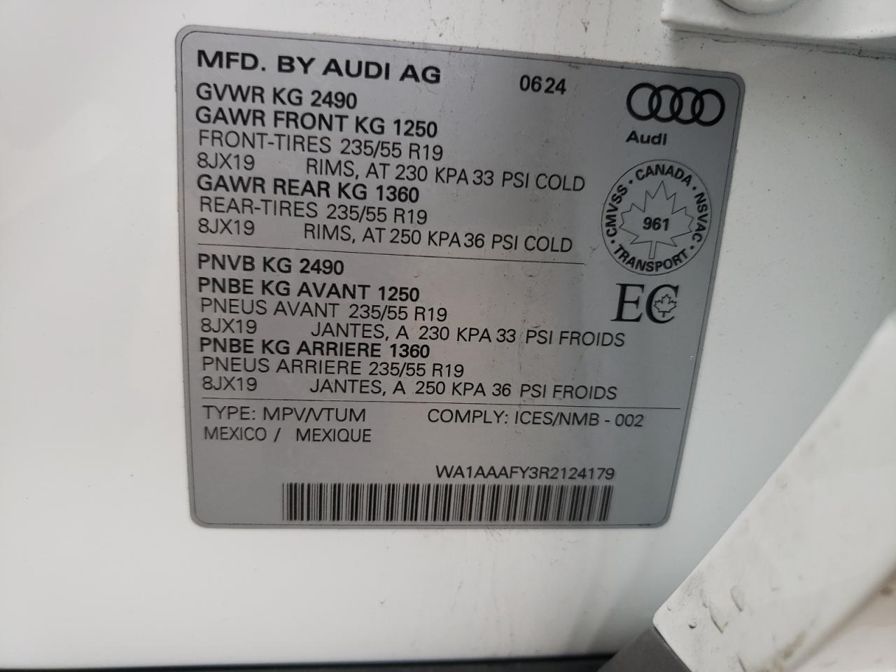 2024 AUDI Q5 KOMFORT 45 VIN:WA1AAAFY3R2124179