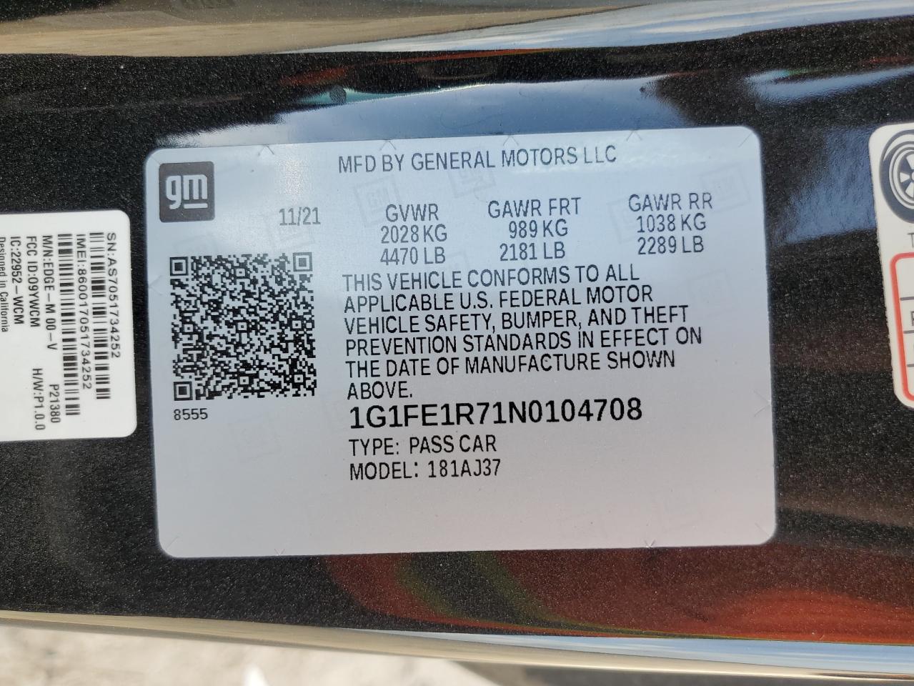 2022 CHEVROLET CAMARO LT1 VIN:1G1FE1R71N0104708