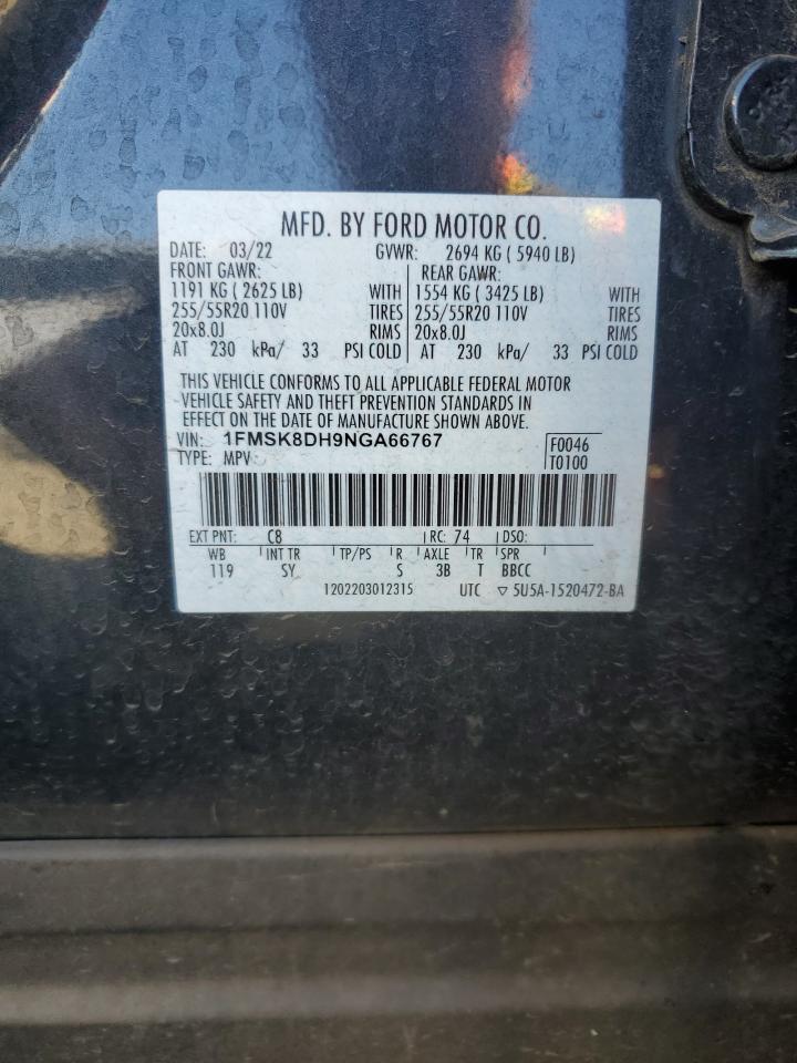 2022 FORD EXPLORER XLT VIN:1FMSK8DH9NGA66767