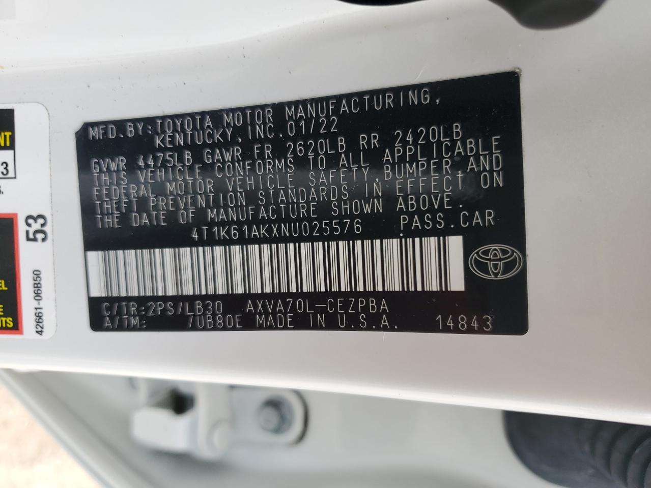 2022 TOYOTA CAMRY XSE VIN:4T1K61AKXNU025576