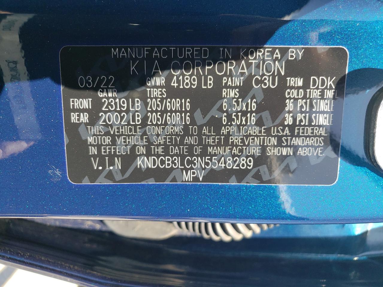2022 KIA NIRO LX VIN:KNDCB3LC3N5548289