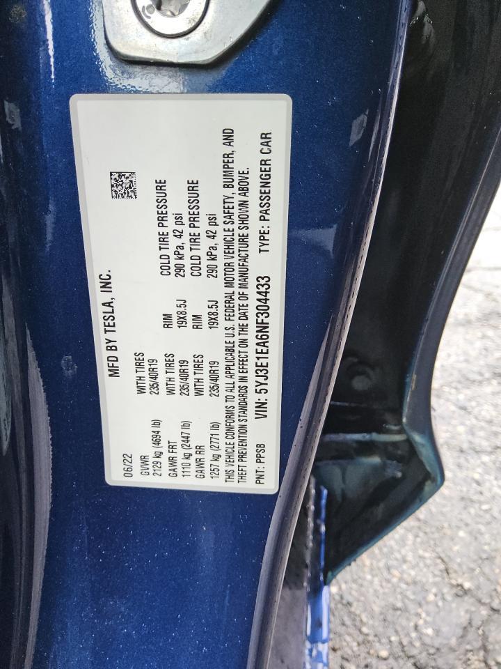 2022 TESLA MODEL 3 VIN:5YJ3E1EA6NF304433