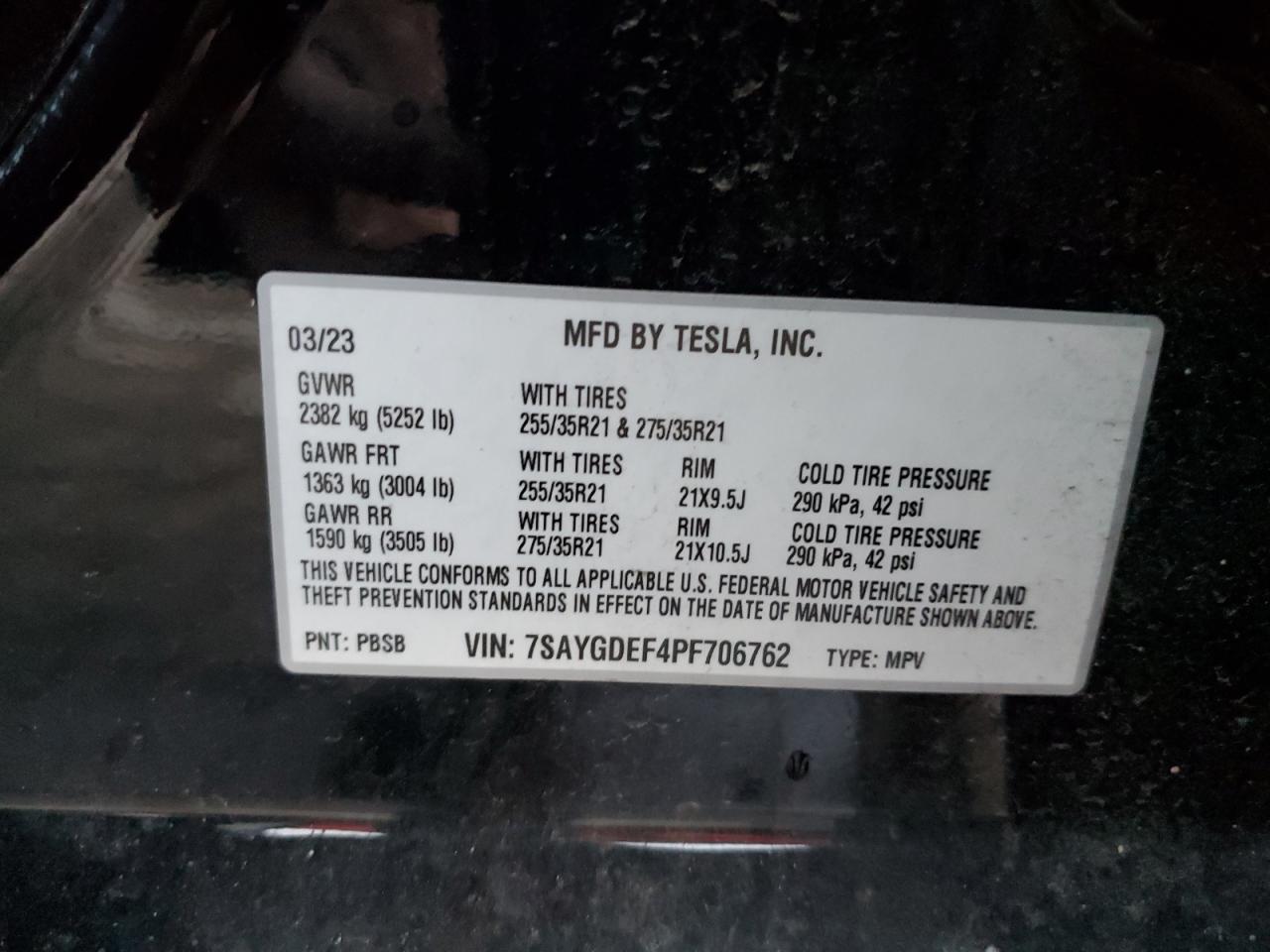 2023 TESLA MODEL Y VIN:7SAYGDEF4PF706762