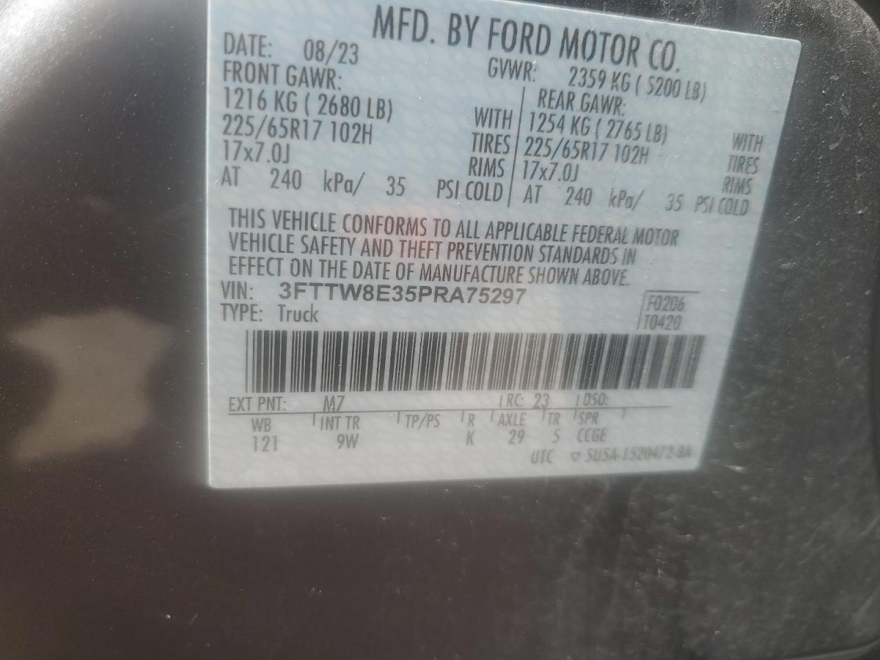 2023 FORD MAVERICK XL VIN:3FTTW8E35PRA75297