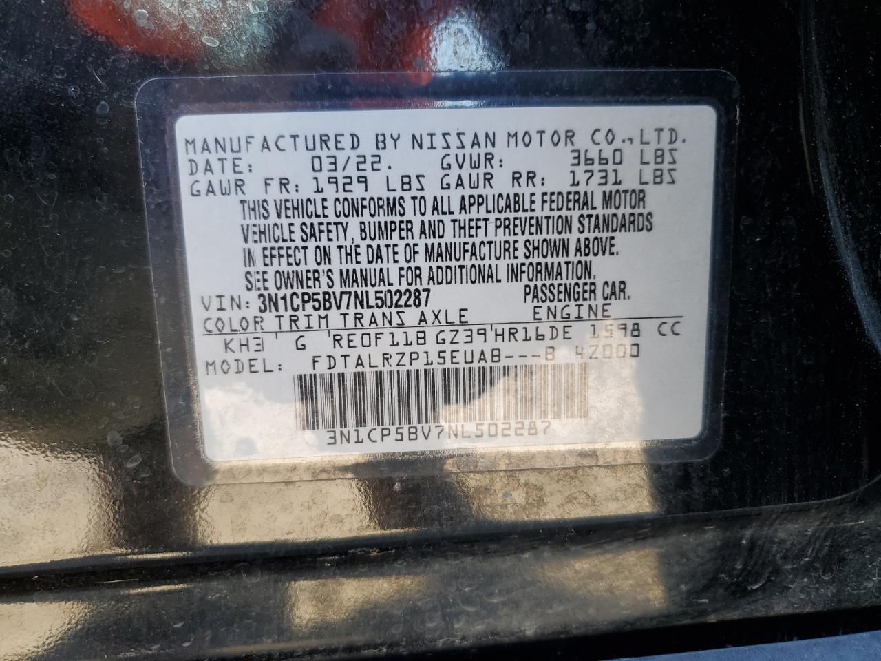 2022 NISSAN KICKS S VIN:3N1CP5BV7NL502287