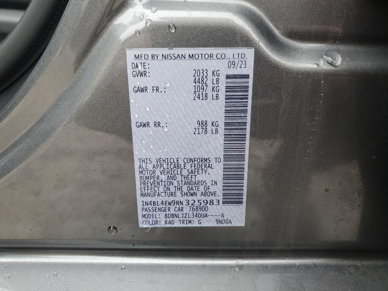 2024 NISSAN ALTIMA SL VIN:1N4BL4EW9RN325983